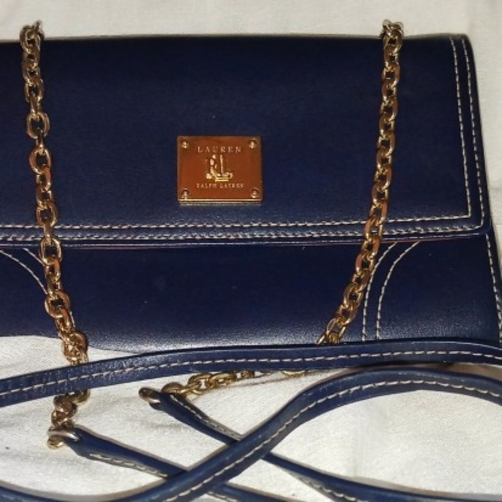 Lauren Ralph Lauren Blue and Gold Crossbody Bag with Chain Strap